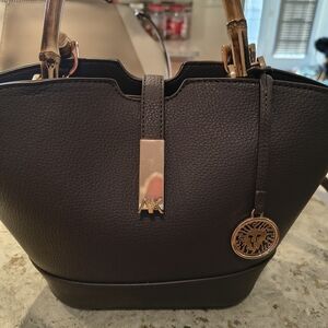 Anne Klein Brown Leather Tote Bag with Bamboo Handles and Gold Accents